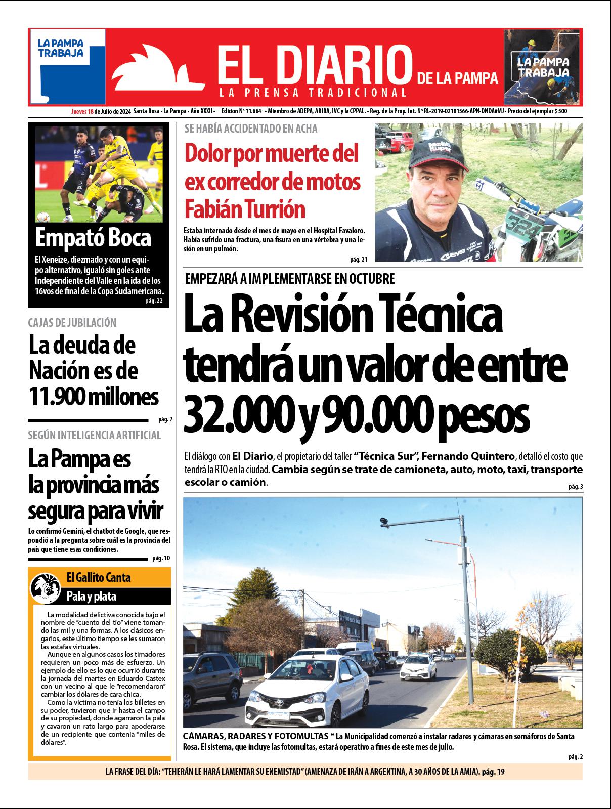 Tapa de El Diario en papel  jueves 18 de julio de 2024